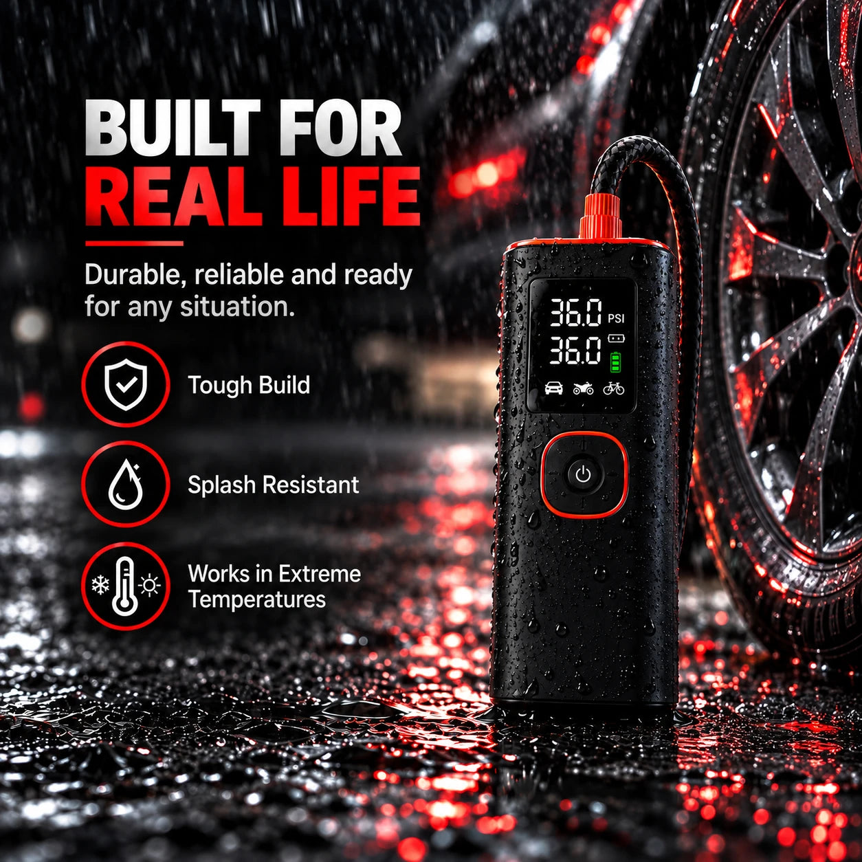 Portable tire inflator with black casing and orange controls beside a car wheel