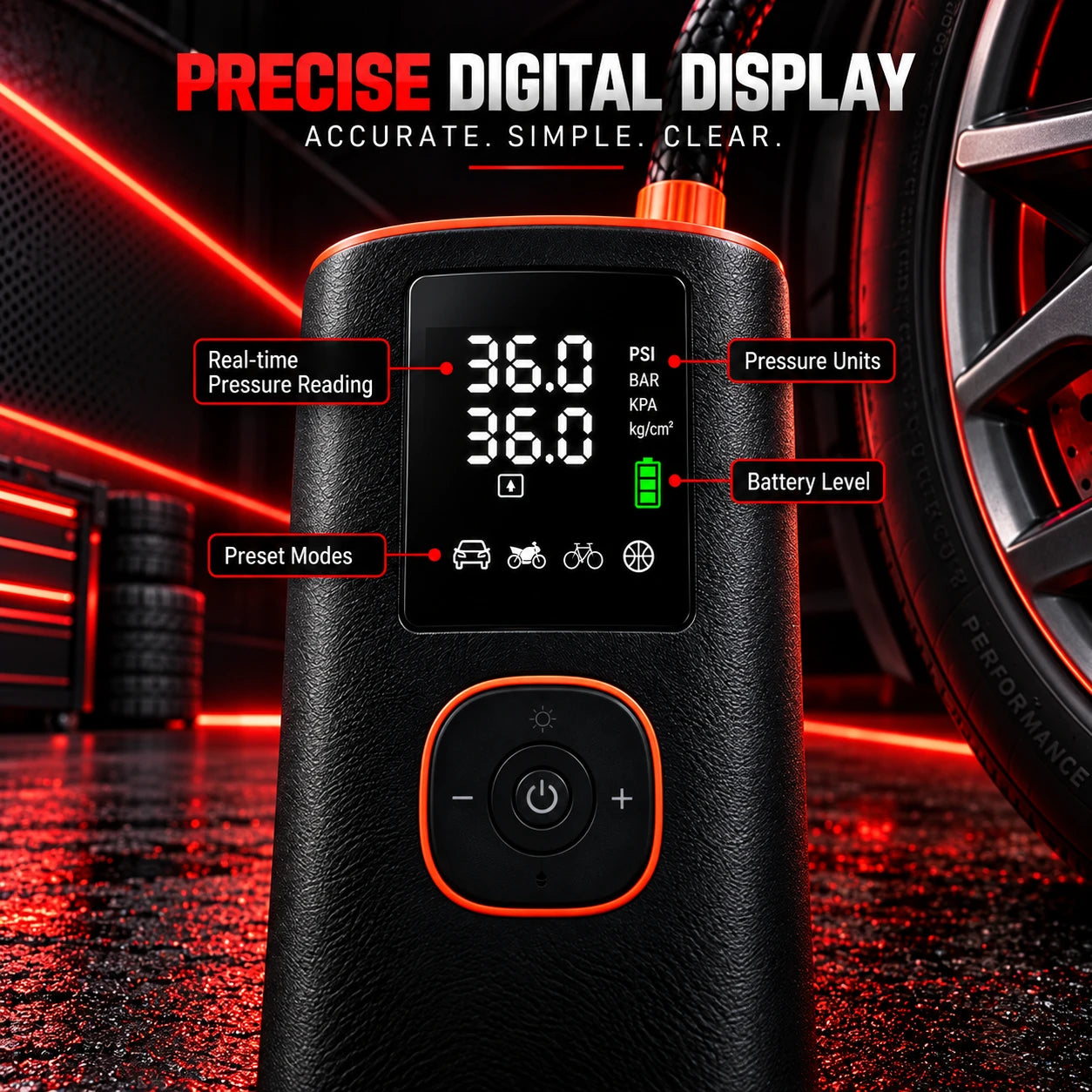 Digital inflator display with pressure readings, preset modes and battery level