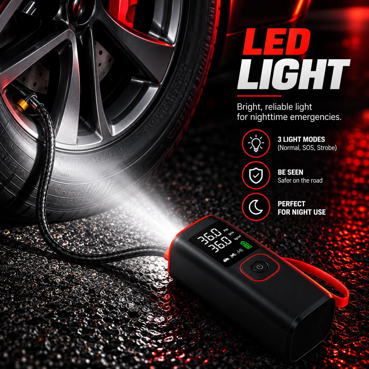 Built-in LED flashlight illuminating a tire valve at night