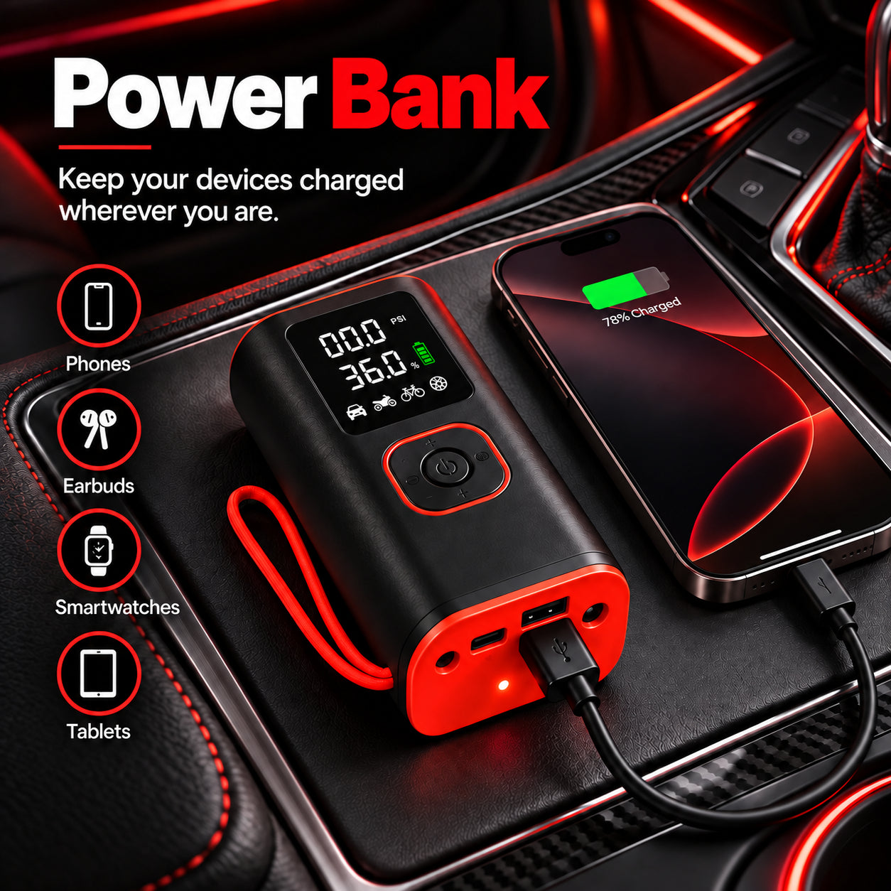 Tire inflator power bank charging a phone on a car centre console
