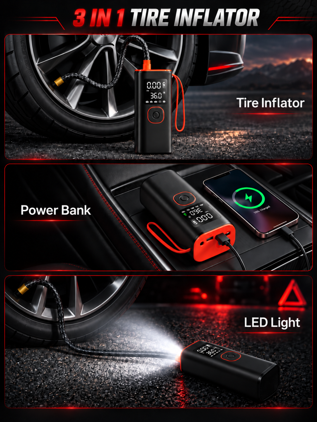 3-in-1 tire inflator showing tire inflation, phone charging through the power bank and the built-in LED light