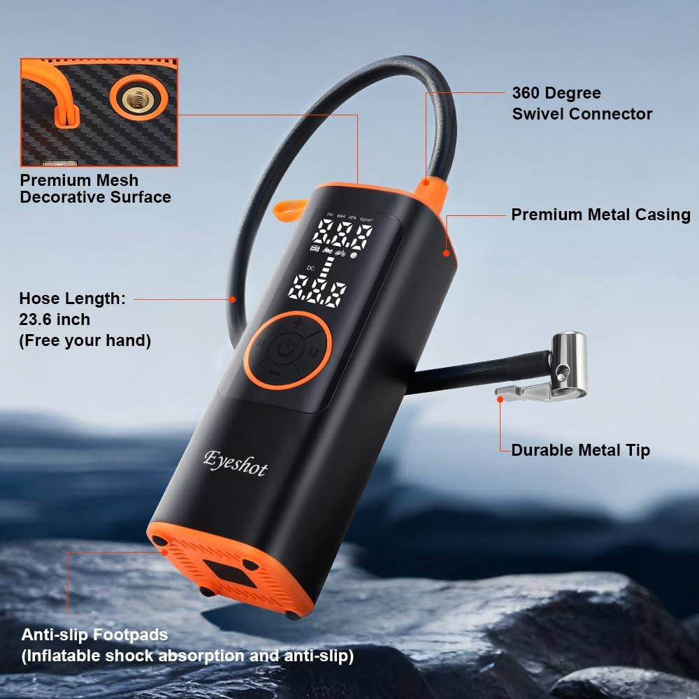 Tire Inflator Portable Air Compressor, Fast Inflation & High Battery Capacity, 150PSI Cordless Air Pump for Car Tires, SUV, Motorcycle, Bike, Ball with Digital Pressure Gauge & LED Light
