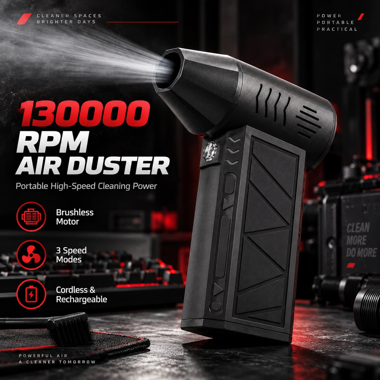 Air duster features: brushless motor, three speed modes and rechargeable design