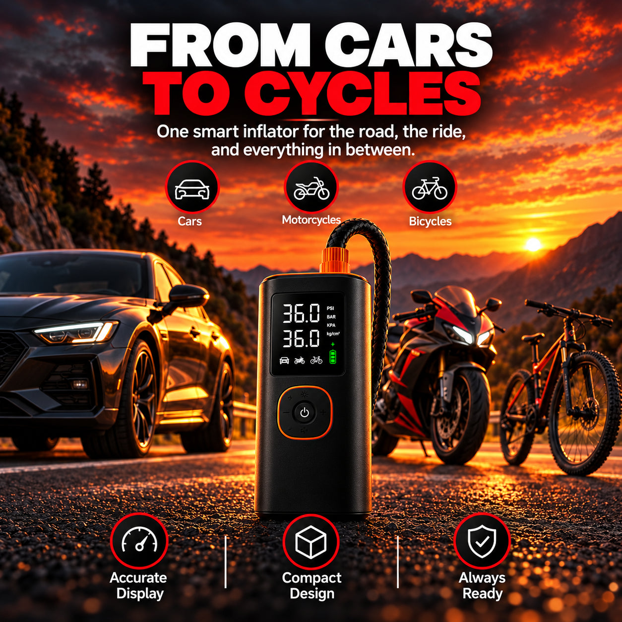 From cars to cycles: Craello tire inflator with a car, motorcycle and bicycle